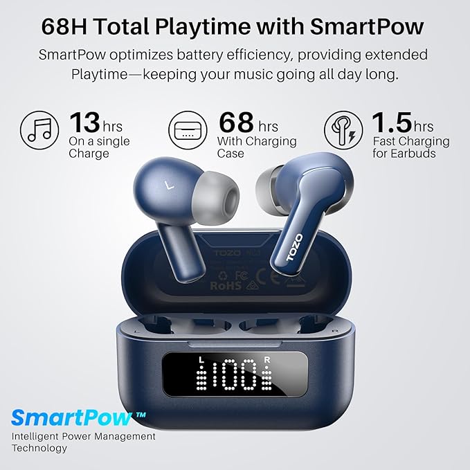 TOZO Hybrid Active Noise Cancelling Wireless Earbuds with 6 Mics AI Clear Call Ear Buds 68H Playtime with LED Display 32 Preset EQs via APP Bluetooth 5.3 IPX8 Waterproof in Ear Headphones