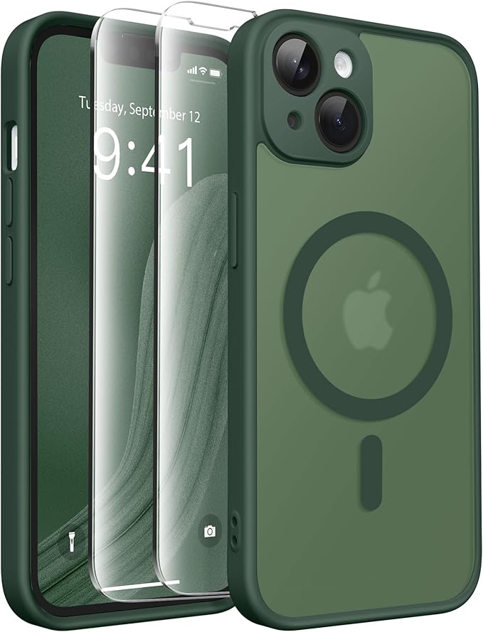 CAPRARO Magnetic for iPhone 14 Case, [Compatible with MagSafe] [Full Camera Protection] Shockproof Protective Slim Translucent Matte Phone Case for iPhone 14 6.1'', Deep Green