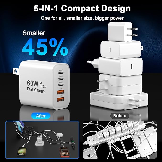 iPhone 17 16 15 Charger Fast Charging, 2 Pack 60W 5-Port USB C Fast Wall Charger Block Multiport Type C Brick Plug Adapter & 6FT Type C Charging Cable Cord for iPhone 17 16 15 Pro Max, MacBook, Galaxy