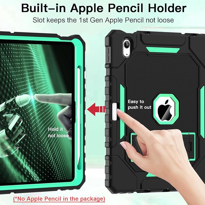 ZoneFoker Case for iPad (A16) 11th/10th Generation 11/10.9 inch 2025/2022, Heavy Duty Military Grade Shockproof Rugged Cover with Pencil Holder/Stand for i Pad 11th / 10 th Gen(Black+Teal)