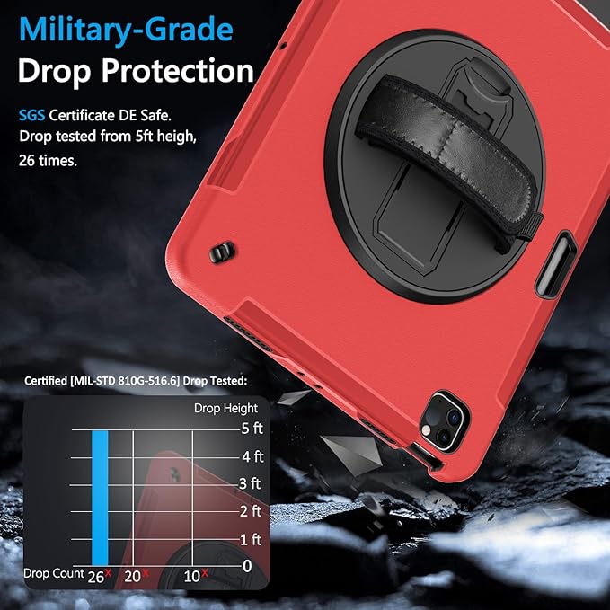 Miesherk Case for iPad Pro 12.9 Inch 6th/5th/4th Generation, Military Grade Heavy Duty Shockproof iPad Pro 12.9 Case - Rotating Stand, Pencil Holder, Hand/Shoulder Strap,Black+Red