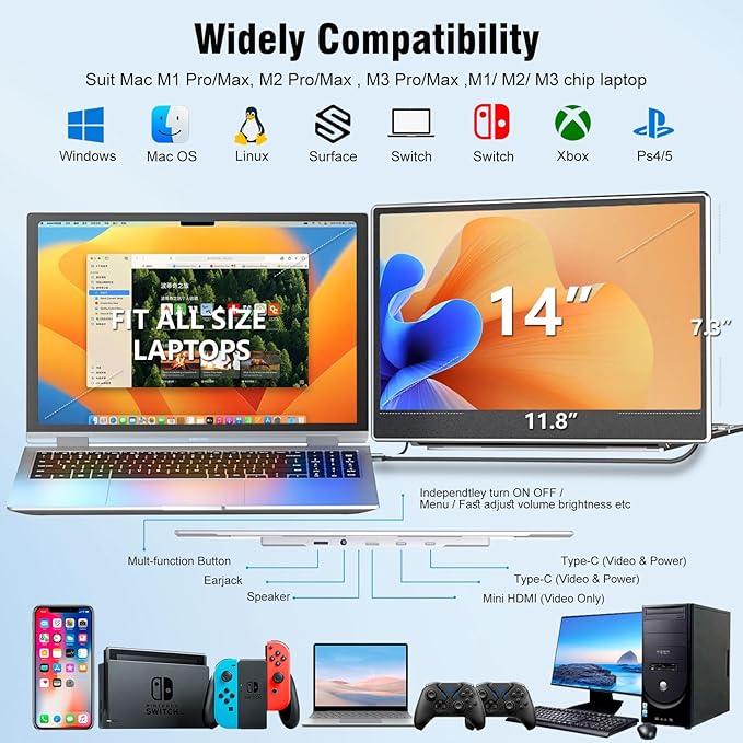 KEFEYA Laptop Screen Extender Portable Monitor, 14" FHD IPS 1200P Travel Dual Second Monitor for Laptop