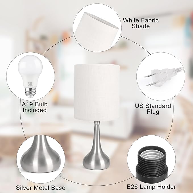 Touch Control Table Lamp, 3 Way Dimmable Simple Night Light Lamp with White Lampshade Silver Metal Base, Small Bedside Table Lamp for Bedroom, Office, Dorm, A19 9W 3000K Bulb Included