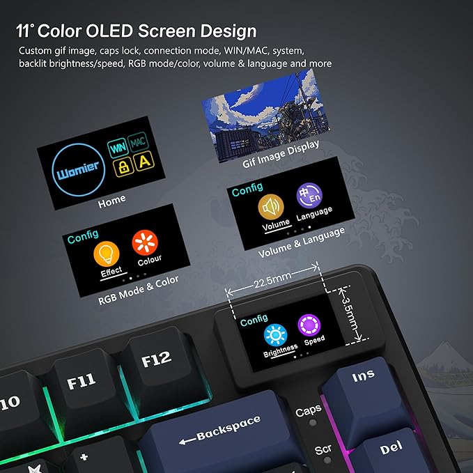 Womier SK80 75% Keyboard with Color Multimedia Display Mechanical Gaming Keyboard Creamy Sound, Wired Hot Swappable Gasket Mount RGB Custom Key Board, Pre-lubed Stabilizer for Mac/Win, Black Kanagawa