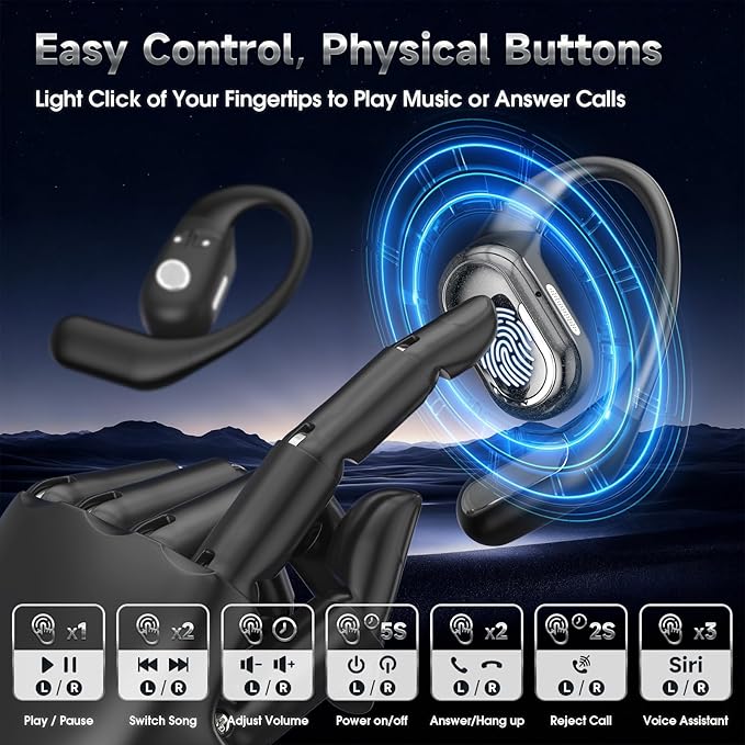 TRAUSI Open Ear Earbuds, Bluetooth 5.4 Headphones with LED Display, 46Hrs Playtime, ENC Noise Cancelling, IPX5 Waterproof, Ergonomic Earhook Design for Running, Workout, Sports (Black)