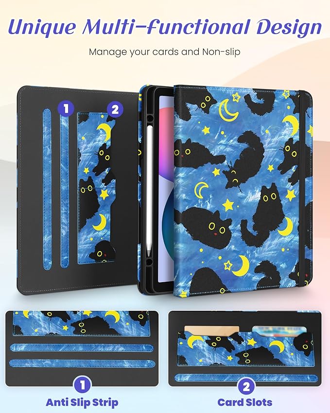 Kidcube for Samsung Galaxy Tab S6 Lite Case 10.4 Inch 2024/2022/2020 - Women Girls Cute Rotating Stand Folio Cover with Pencil Holder & Card Slot Girly Cat Stars Blue Teen Design Cases for Tab S6 Lite