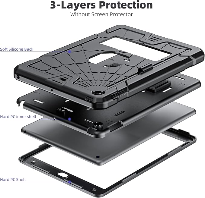 Sibeitu Case for iPad 9th Generation 10.2 Inch 2021 with Pencil Holder, Rugged Shockproof iPad 8th 7th Case 2020 2019 with Kickstand, Heavy Duty Protective Cover for Kids Boys Girls l Black