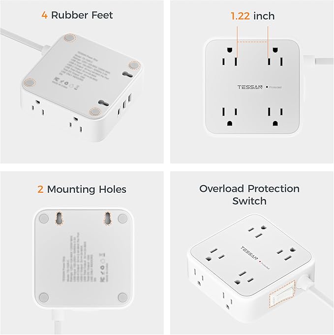 TESSAN Surge Protector Power Strip, 5 Ft Flat Plug Extension Cord with 3 USB (1 USB C) 8 Outlets, 1250W, 900J Protection, 3 Sided Outlet Extender with Power Switch for Office, Dorm Room, Grey