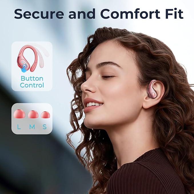 occiam Active Noise Cancelling Earbuds Wireless Bluetooth Headphones Ear Buds 90Hrs Playback Stereo Bass Earphones with Mic Over-Ear Hooks IPX7 Waterproof Headset for Work Sports (Rose Gold)