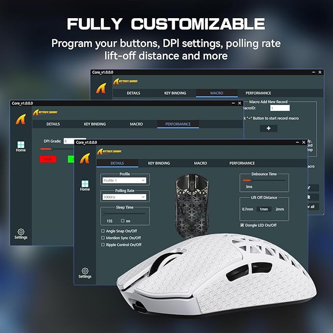 ATTACK SHARK R5 Ultra Wireless Gaming Mouse,Carbon Fiber Shell 39g Superlight,PAW3950MAX Optical Sensor Nordic 52840 MCU 8K Polling 42K DPI,Tri-Mode Programmable Mice with Coiled Cable-White&Griptape