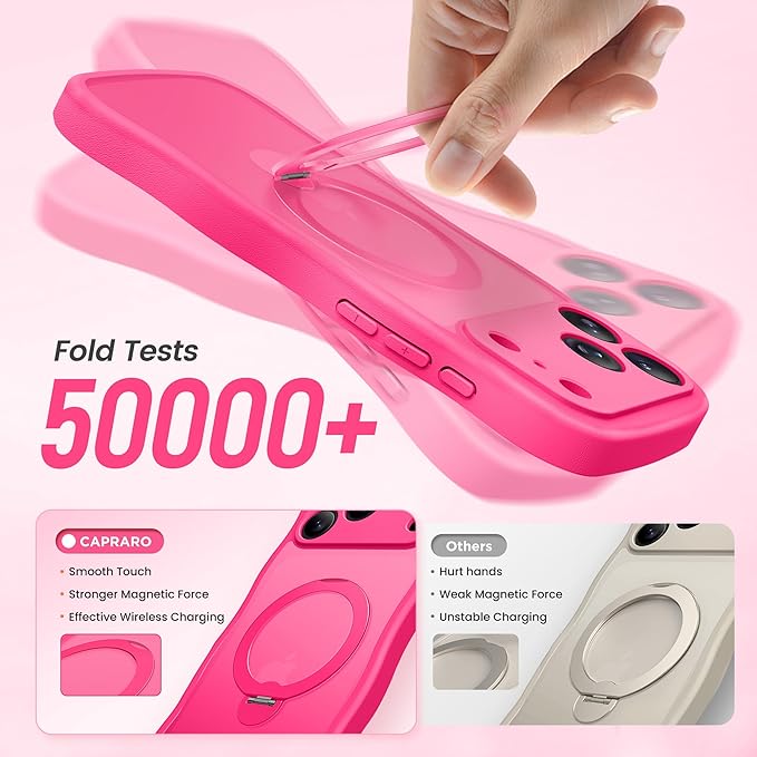 CAPRARO Magnetic for iPhone 17 Pro Case with 360° Spin Magnetic Stand for Women, [Compatible with MagSafe] [Full Camera Protection] Cute Wave Translucent Matte Case for iPhone 17 Pro, Hot Pink