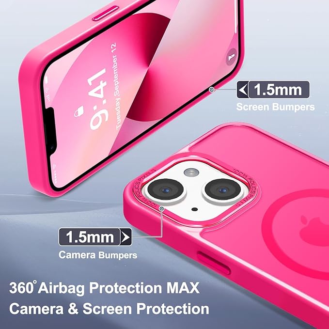 Newfuture Designed for iPhone 13 Case & iPhone 14 Case with Magnetic [13 FT Military Drop Protection] [Compatible with Magsafe] Slim Translucent Shockproof with Anti-Fingerprint Phone Case, Hot Pink