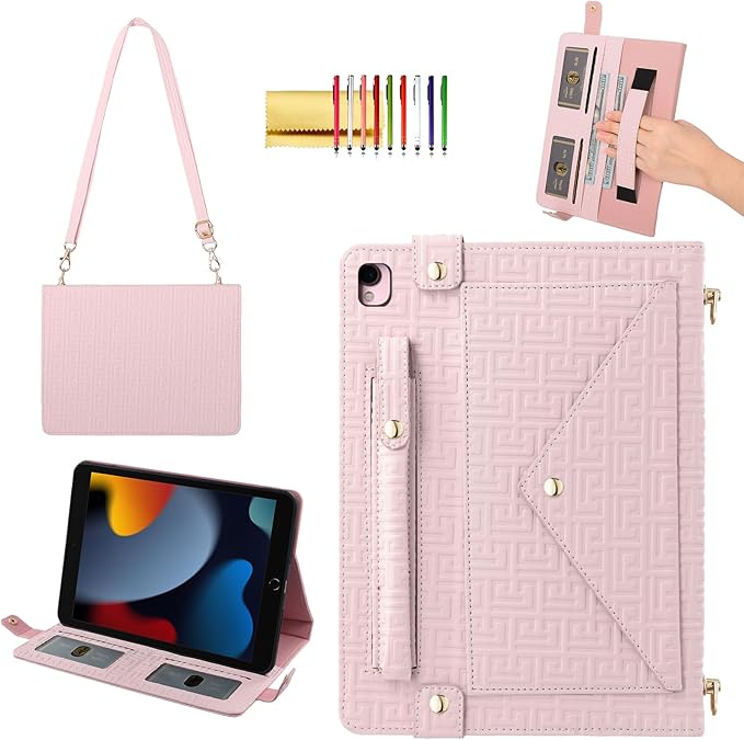 Handbag Case for iPad 9.7 Inch 2018/2017 (6th/5th Gen), iPad Air 2/Pro 9.7 Cover, Techcircle Cute Folio Stand Wallet Case w/Pencil Holder, Card Slots, Hand Strap, Shoulder Strap, Baby Pink