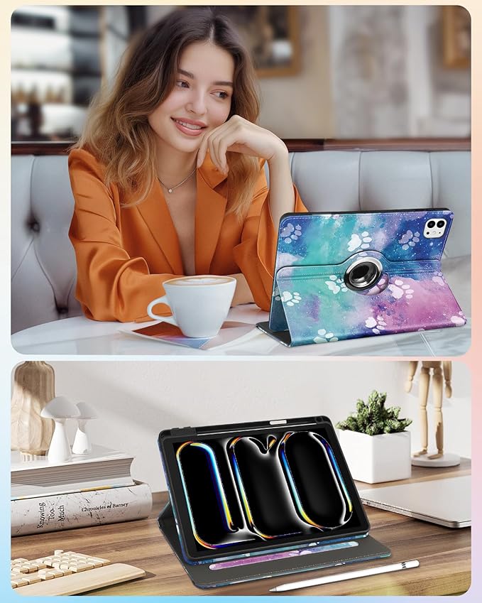 Kidcube for iPad Pro 11 Inch Case M4 2024 5th Generation - Women Girls Cute Rotating Stand Folio Cover with Pencil Holder & Card Slot Kawaii Cartoon Dogs for iPad Pro 11'' Case 2024 M4 5th Gen