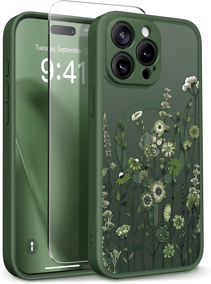 GVIEWIN for iPhone 15 Pro Max Case Compatible with MagSafe, [Military Grade Protection] [Screen Protector] Full Camera Protection Floral Translucent Women Magnetic Phone Case, Floratopia/Forest Green