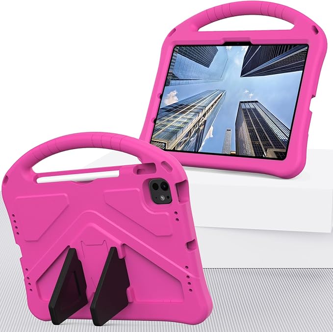 Kids Case for iPad Pro 11-inch (M5) 2025/(M4) 2024, Air 11" 2026 M4/M3/M2 Case with Pencil Holder, Techcircle Lightweight Shockproof EVA Foam Handle Stand Anti-Slip Grip Rugged Cover, Rose