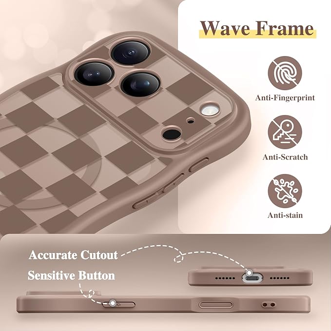 GVIEWIN for iPhone 17 Pro Max Case Compatible with MagSafe [Curly Wave Edge][Full Camera Protection] Floral Translucent Shockproof Magnetic Women Phone Case for 17 Pro Max, Grids/Brown