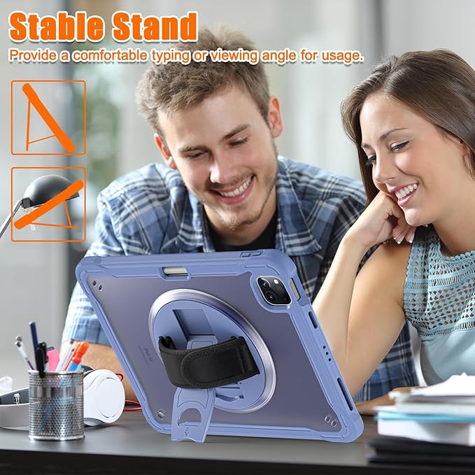 Batianda Case for iPad Pro 11-inch 2022 4th M2 Chip /2021 (3rd Generation) Heavy Duty Rugged Shockproof Tablet Cover with 360° Rotating Hand Strap Foldable Hidden Stand & Shoulder Strap, Lavender
