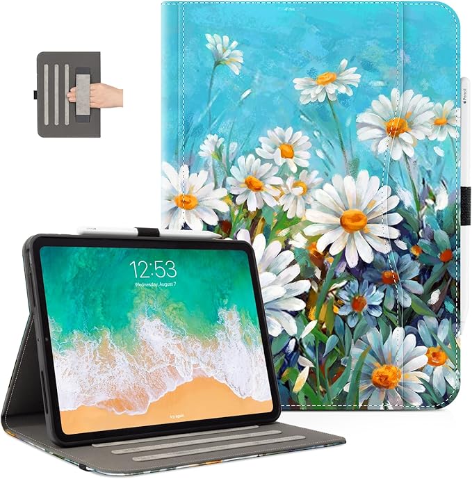 Vimorco for iPad Pro 13 Inch Case M5/M4 2025/2024, Flower for iPad 13 Pro Case M5/M4 for Girls Women, Auto Wake/Sleep, Adjustable Stand Cover, Hand Strap, Card Pocket, Pencil Holder, Daisy