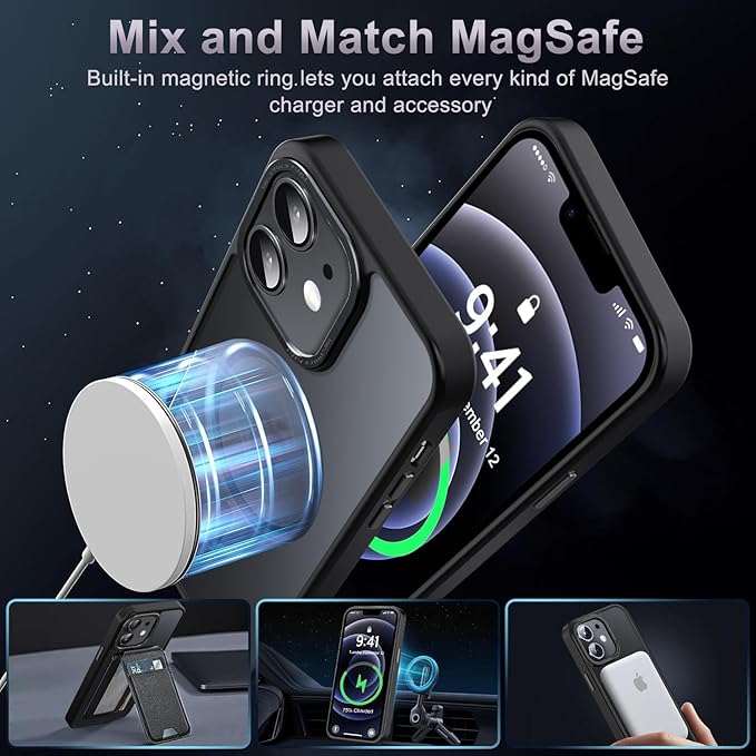 Newfuture Designed for iPhone 12 Case/iPhone 12 Pro Case with Magnetic [13 FT Military Drop Protection] [Compatible with Magsafe] Translucent Shockproof with Anti-Fingerprint Phone Case, Black