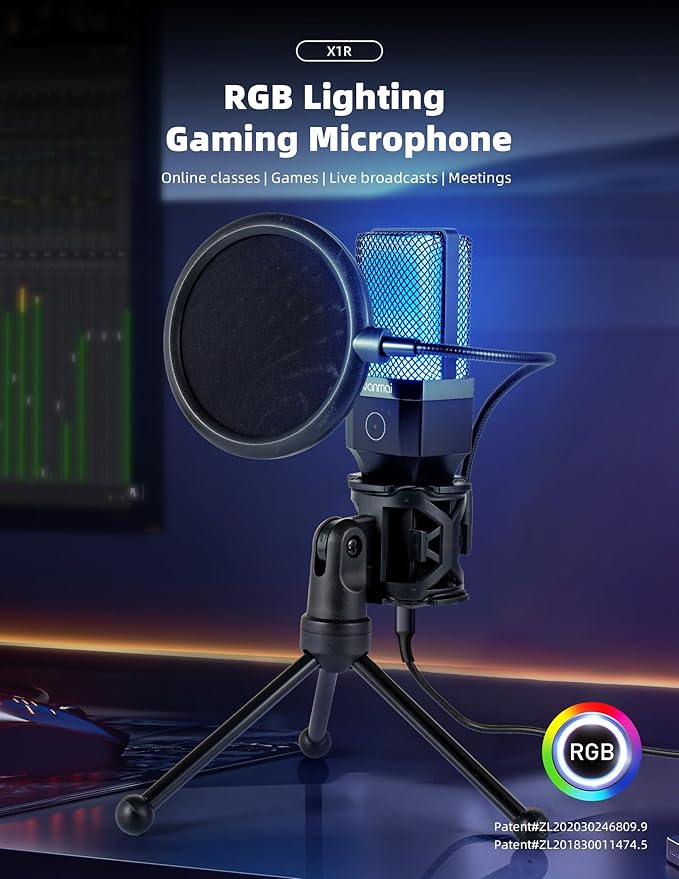 USB Microphone for PC, Cardioid Condenser Mic with RGB Light, One-Touch Mute, Gooseneck Tripod, USB-C/USB-A Computer Microphone for Gaming, Streaming, Podcasting, Recording