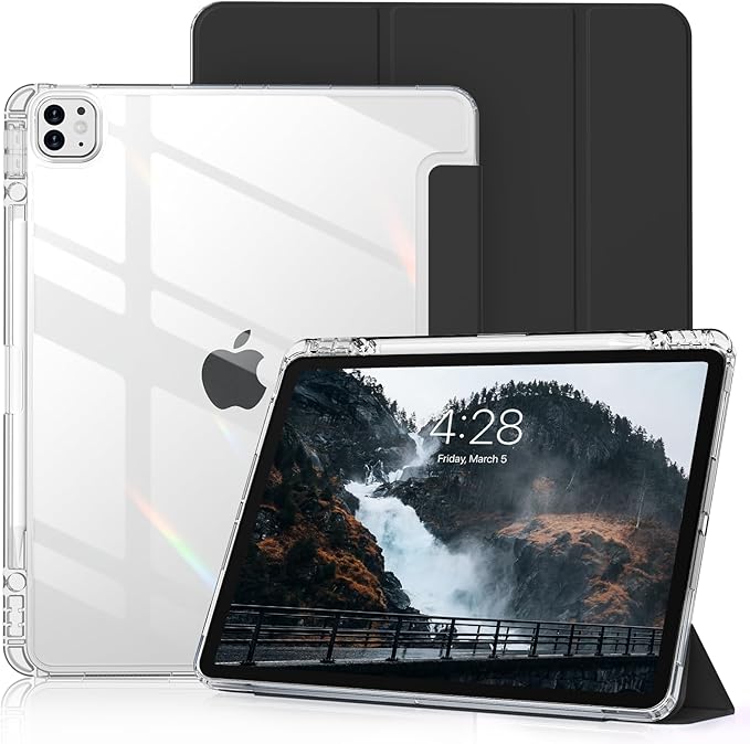 Clear Case for iPad Pro 12.9 inch 6th/5th/4th/3rd Gen with Pencil Holder [Support Pencil Charging] Auto Wake/Sleep, Lightweight Shockproof Trifold Stand Transparent Hard PC Back Cover, Black-2