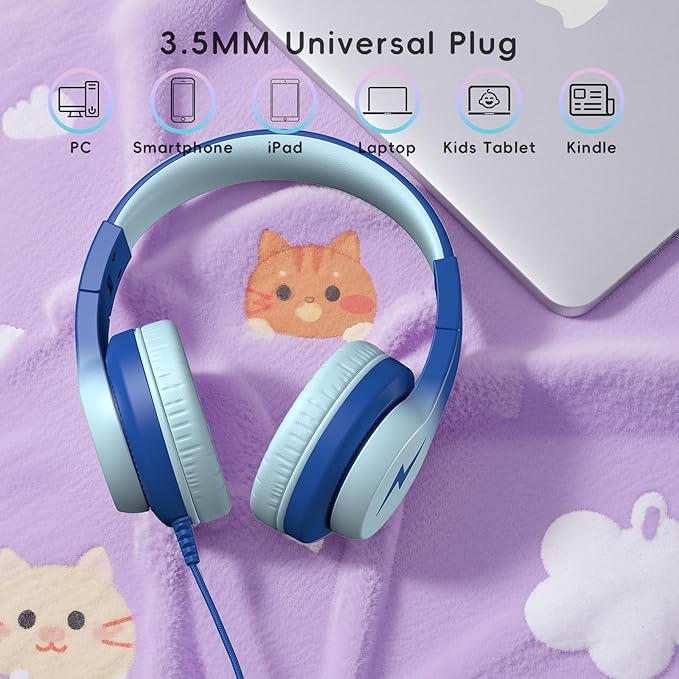 Candy Bila Kids Wired Headphones for Kids with Microphone, 85/94dB Volume Limiter Headphones for Girls Boys, Light Blue
