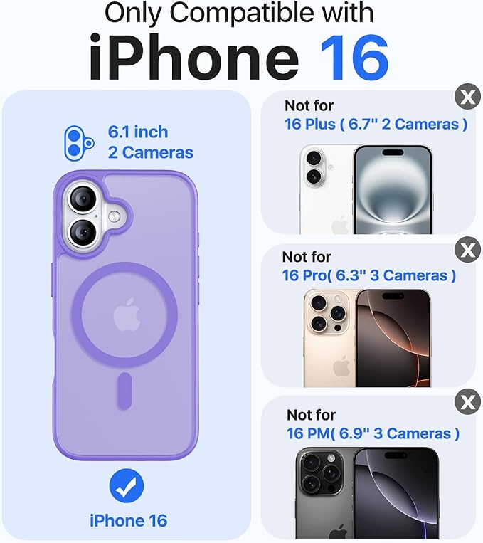 Magnetic for iPhone 16 Case, [Compatible with MagSafe][Military-Grade Drop Protection][Anti-Yellowing] Shockproof Protective Translucent Matte Cover for iPhone 16 Phone Case,Light Purple
