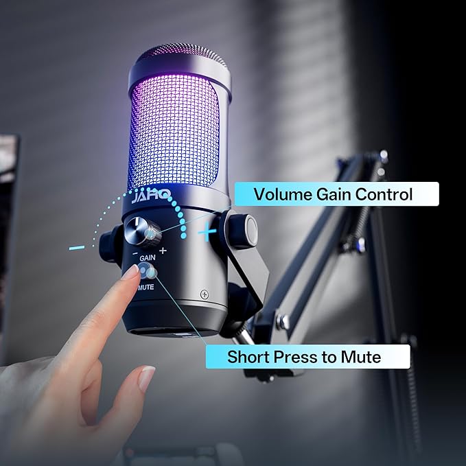 JARO USB Podcast Microphone with Boom Arm, Studio Condenser Mic with Real-Time Monitoring, Mute, Volume Control Ideal for Voice & Singing (Black)