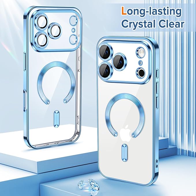 Hython Magnetic Clear for iPhone 17 Pro Case with Camera Lens Protector [Compatible with MagSafe] Luxury Plating Edge Slim Soft TPU Cover Protective Phone Case for iPhone 17 Pro 6.3", Light Blue