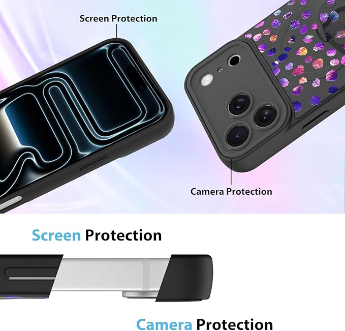 KANGHAR Compatible with iPhone 17 Pro Max Case, Support for MagSafe, Silicone Cute Iridescent Pattern Leopard Print Cheetah, Wristband Kickstand Shockproof Soft Slim Cover for Girls Women, Black
