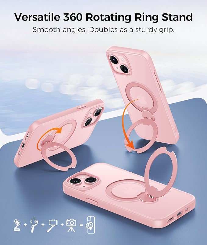 FNTCASE for iPhone 15 Plus Case: iPhone 14 Plus Phone Case [360 Spin Magnetic Stand] [Compatible with Magsafe] [Screen Protector] Translucent Matte Military Grade Shockproof Phone Cover - Pink