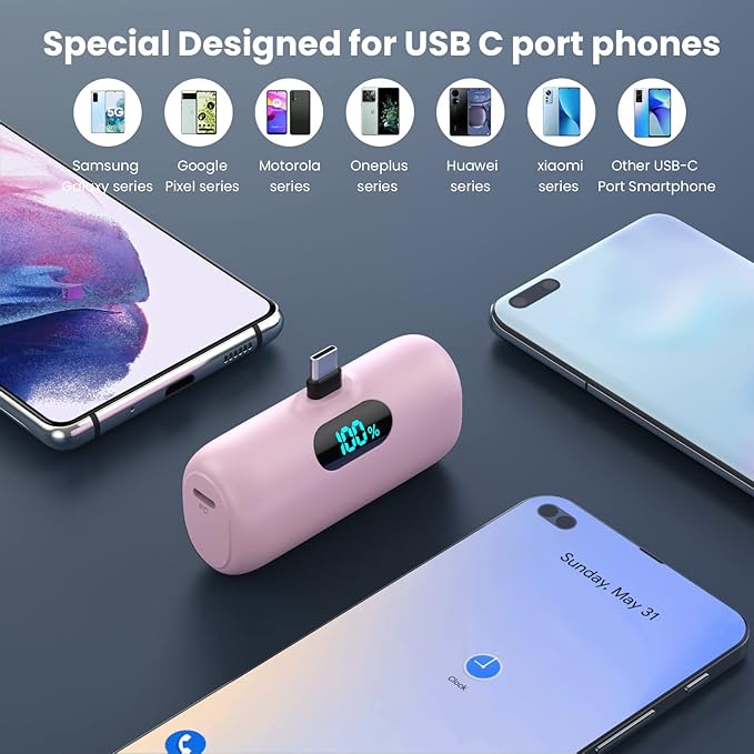 [2-Pack] Mini Portable Charger 5000mAh Power Bank,3A PD USB C Cell Phone Portable Power, LCD Display Battery Pack Compatible with iPhone 17/17 Air/16/16 pro/15/15 pro Max/Android/Samsung/Moto/LG etc