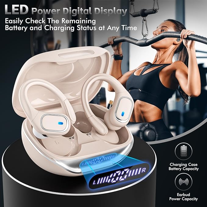 HAOYUYAN Wireless Earbuds, Sports Bluetooth Headphones, 80Hrs Playtime Ear Buds with LED Power Display, Noise Canceling Headset, IPX7 Waterproof Earphones for Workout/Running（Oatmeal White）