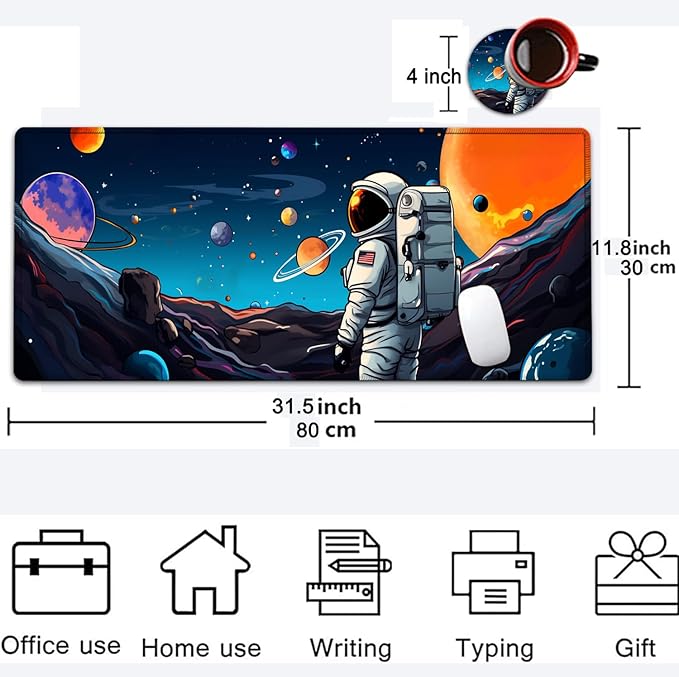 Large Mouse Pad, 31.5 x 11.8in Extended Gaming Mouse Pad with Stitched Edges, XXL Mousepad Protector Non Slip Rubber Base for Office and Home Writing Mat, Anime Space Astronauts Pattern Black Desk Mat