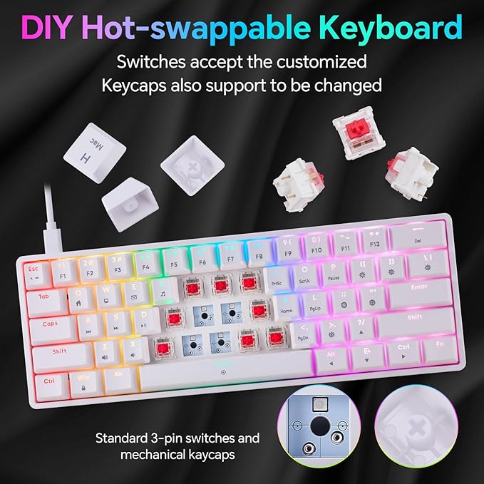 CHONCHOW 60% Mechanical Keyboard Gaming RGB Backlit with app Compact 61 Key Portable Mini Keyboard Blue MX Switch Compatible with Windows iMac Laptop PC Computer Office Gamer (White, red Switch)