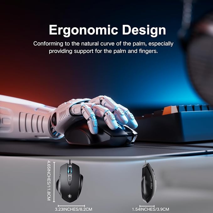 Uineer Wired Mouse, USB Mouse Wired with 6 Buttons Ergonomic Design,1.5M USB Cable Computer mice 7200DPI Optical Mice for PC Laptop, Matte Black