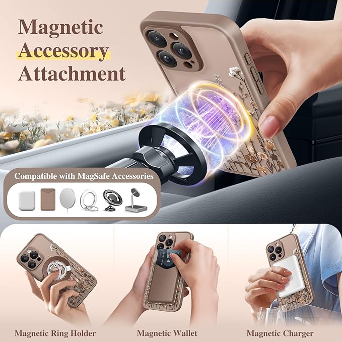 GVIEWIN for iPhone 15 Pro Case Compatible with MagSafe, [Military Grade Protection] [Screen Protector] Full Camera Protection Floral Translucent Women Magnetic Phone Case, Floratopia/Brown