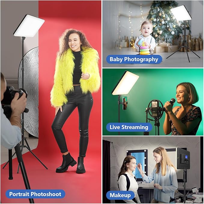 Led Video Light Panel Lighting Kit, QEUOOIY 2-Pack Bi-Color Photography Lighting with 63'' Tripods Stand, Built-in 8000mAh Battery, 2500-8500K Studio Light for Live Streaming/Outdoor Indoor/Tiktok