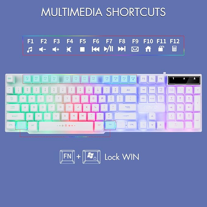 Gaming Keyboard and Mouse Wired CHOCNHOW White Keyboard Rainbow Backlit,Light Up Keys, Multimedia Keys, Waterproof Compatible with PC Laptop Xbox Ps4/Ps5 Work/Gamer