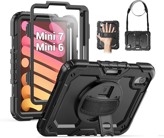 SEYMAC Case for iPad mini 7 (A17 Pro) 2024/ Mini 6 8.3″, Full-Body Shockproof Protective Case with Screen Protector, 360° Rotating Stand, Hand/Shoulder Strap for iPad mini 7th/ 6th Generation, Black
