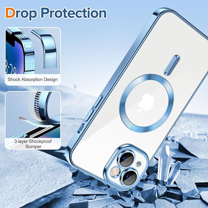 Hython Magnetic Clear for iPhone 14 Case with Camera Lens Protector [Compatible with MagSafe] Luxury Plating Edge Slim Soft TPU Cover Protective Phone Case for iPhone 14 6.1", Light Blue