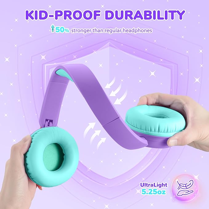 iClever BTH22 Kids Bluetooth Headphones, 60H Play Time, USB C Fast Charging, Bluetooth 5.4, AUX Cord,Safe Volume 74/85 dBA,Toddler Headphones for iPad/Tablet/Travel/School, Purple