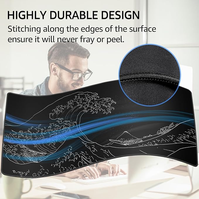 KTRIO Large Gaming Mouse Pad Desk Mat, Superior Micro-Weave Cloth, Non-Slip Rubber Base, Stitched Edges, Water-Resistant, for Gamer, Office & Home, 31.5 x 15.7 Inch，Kanagawa Wave
