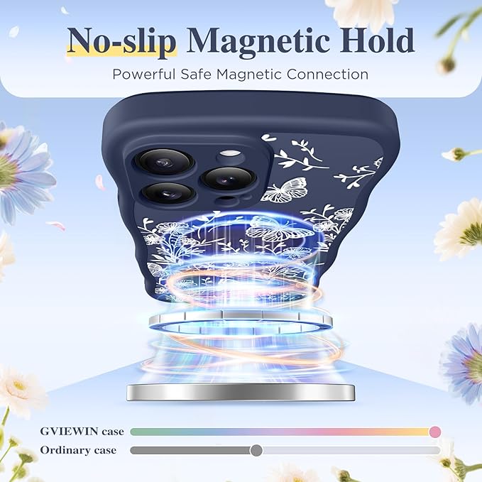 GVIEWIN for iPhone 15 Pro Case Compatible with MagSafe [Curly Wave Edge][Full Camera Protection] Floral Translucent Shockproof Magnetic Women Phone Case for iPhone 15 Pro 6.1'', Tuberose/Blue