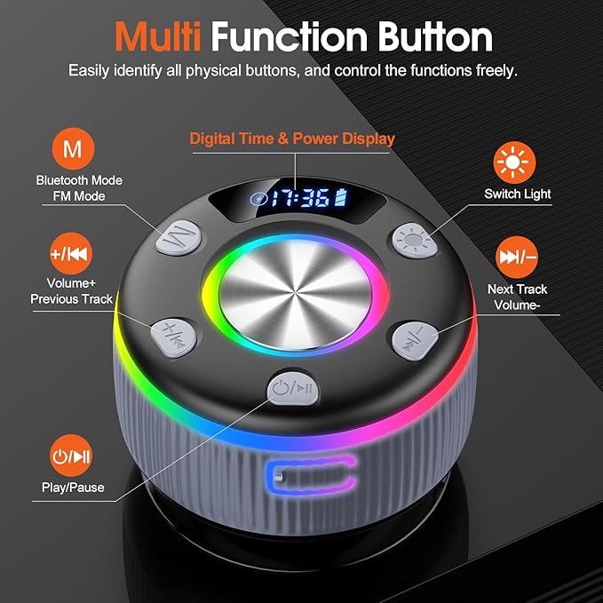 Bluetooth Shower Speaker, Portable Bluetooth 5.3 Speakers Wireless with Time Display, IP7 Waterproof Speakers with RGB Light, Suction Cup, Mini Stereo Speaker for Bathroom Party Beach Outdoor, Gray