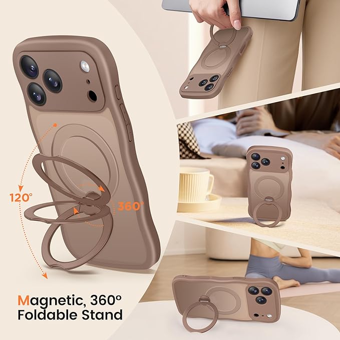 CAPRARO for iPhone 17 Pro Case with 360° Spin Magnetic Stand for Women, [Compatible with MagSafe] [Full Camera Protection] Cute Wave Translucent Matte Case for iPhone 17 Pro, Brown