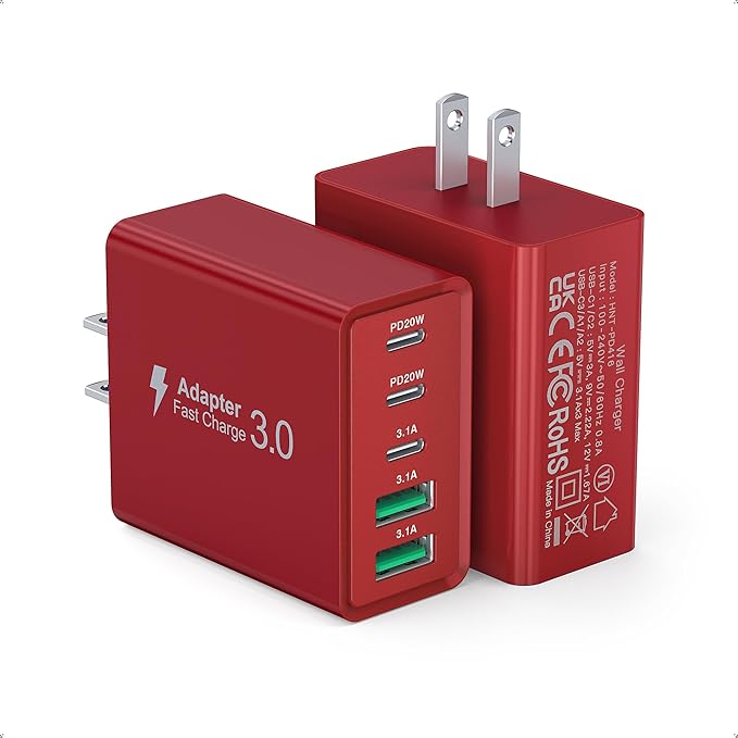 2Pack USB C Fast Charger Block,50W 5-Port Type C Wall Charger Brick,2 USB A and 3 USB C PD3.0 Multiport Charging Plug Power Adapter Brick Cube for iPhone 17/16/15/14/13,Pad Mini/Pro, GalaxyS23 S22