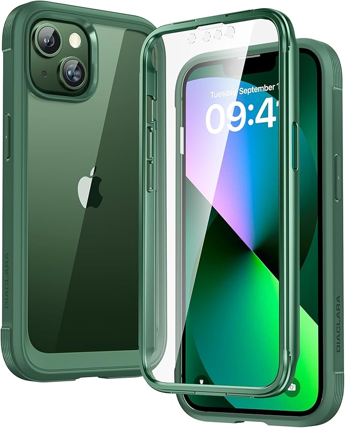 Diaclara Designed for iPhone 13 Case, Full Body Rugged with Built-in Touch Sensitive Anti-Scratch Screen Protector, Soft TPU Bumper Case for iPhone 13 6.1" (Green)