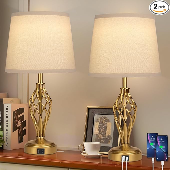 Ruiever Touch Table Lamps Set of 2, nightstand lamp with USB Ports Bedside 3 Way Touch dimmer Desk lamp for Living Room Bedroom,Gold Plated Spiral cage Base Design Warm White dimmer Bulbs Included.